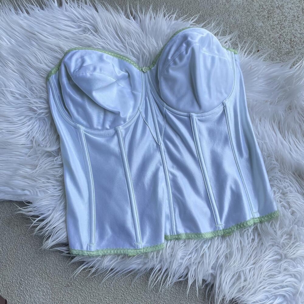 Y2K corset white satin green fairy it girl | size 42DD (sister sizes 40DDD, 44D)